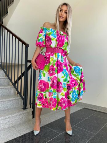 Sukienka hiszpanka TINA niebiesko – różowa kwiaty