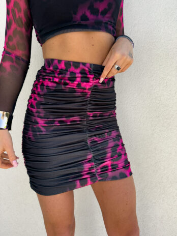 Spódnica marszczona print gepard – czarno – fuksja