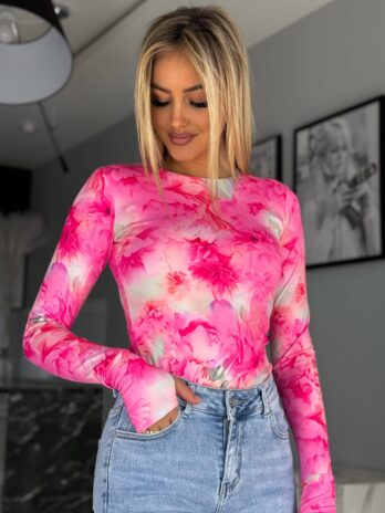 Bluzka CYNTHIA z dziurką na kciuk – różowa piwonie