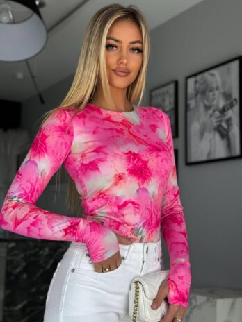 Bluzka CYNTHIA z dziurką na kciuk – różowa piwonie