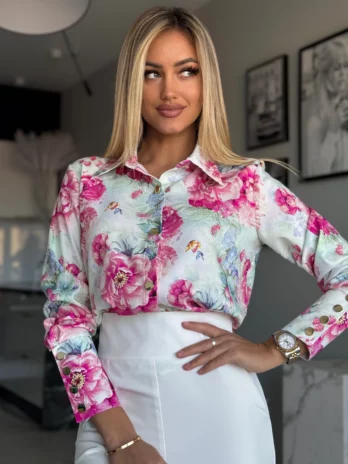Koszula MARINA w kwiaty błękitno – różowa