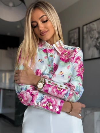 Koszula MARINA w kwiaty błękitno – różowa