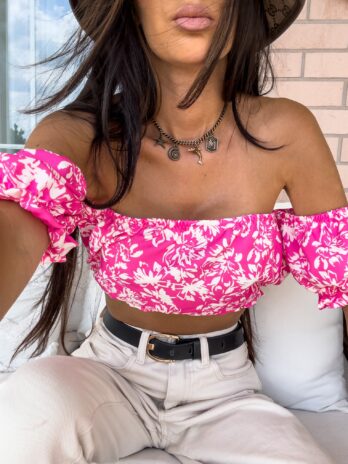 Bluzka Hiszpanka CARLITA print kwiaty – różowe