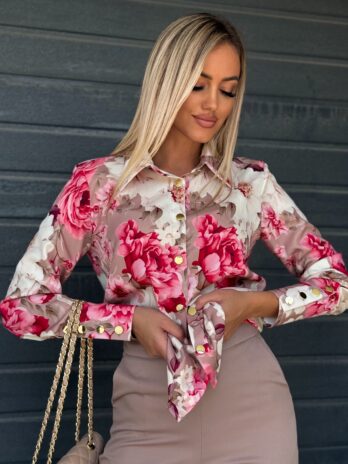 Koszula MARINA różowy kwiat na beżu