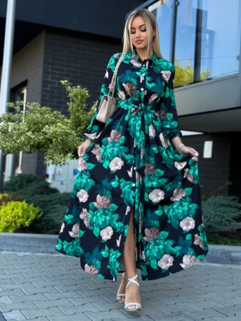 Sukienka ADELE – zielona w kwiaty Marina