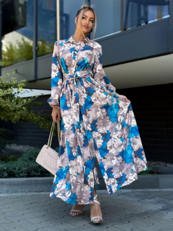 Sukienka ADELE – beżowo – kobaltowa kwiaty Marina